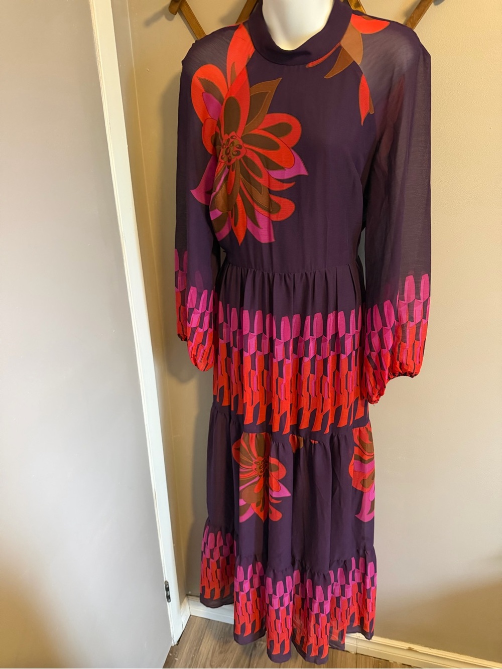 Gabby Skye Purple Floral Geometric Tiered Maxi Dress 8